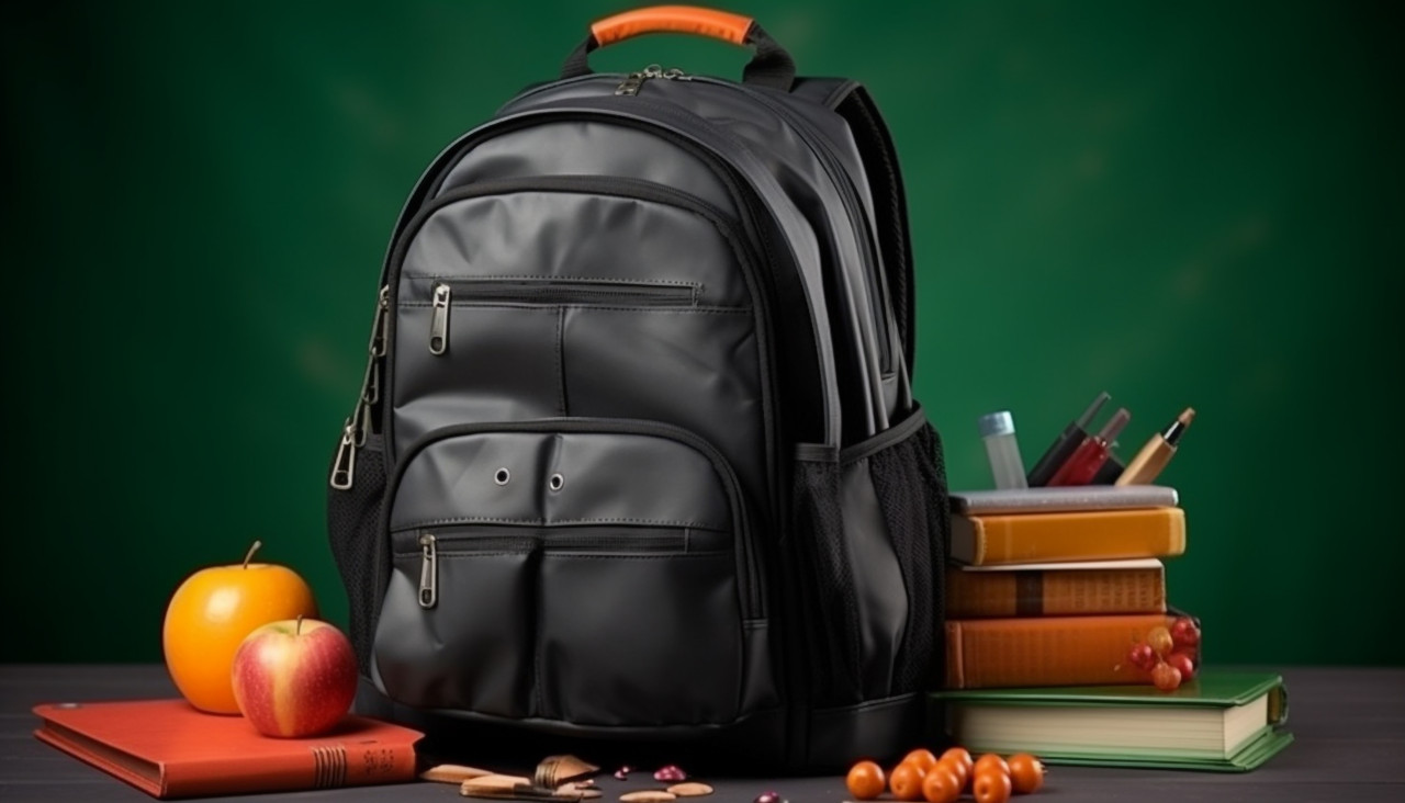 School bag backpack with supplies for school, back to school stock images ai, back to school ai prompts