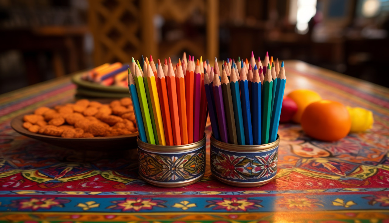 Colorful pencils on a table, back to school stock images ai, back to school ai prompts