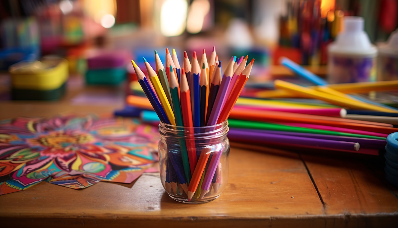 Colorful pencils on a wooden table background, back to school stock images ai, back to school ai prompts
