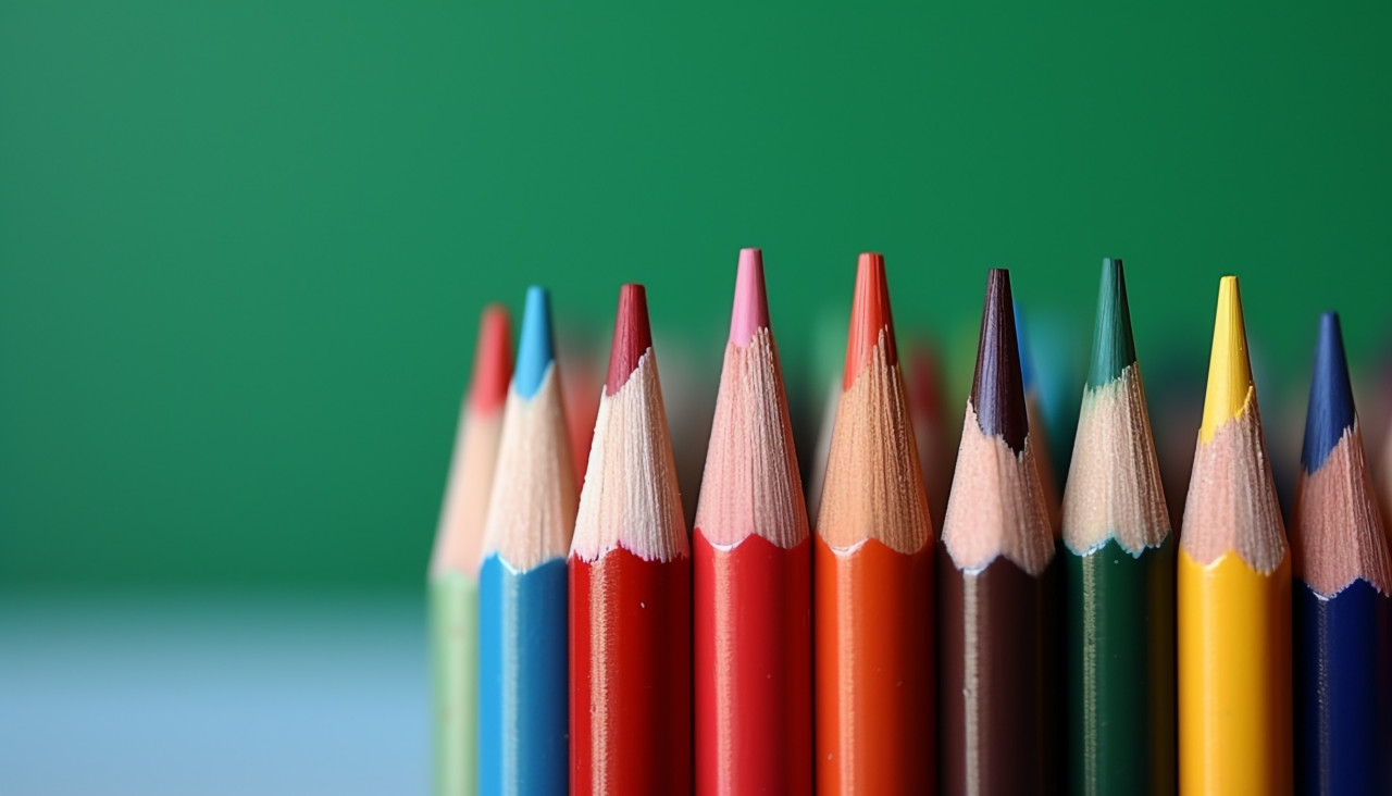A stack of colored pencils on a desk with a green background, back to school stock images ai, back to school ai prompts