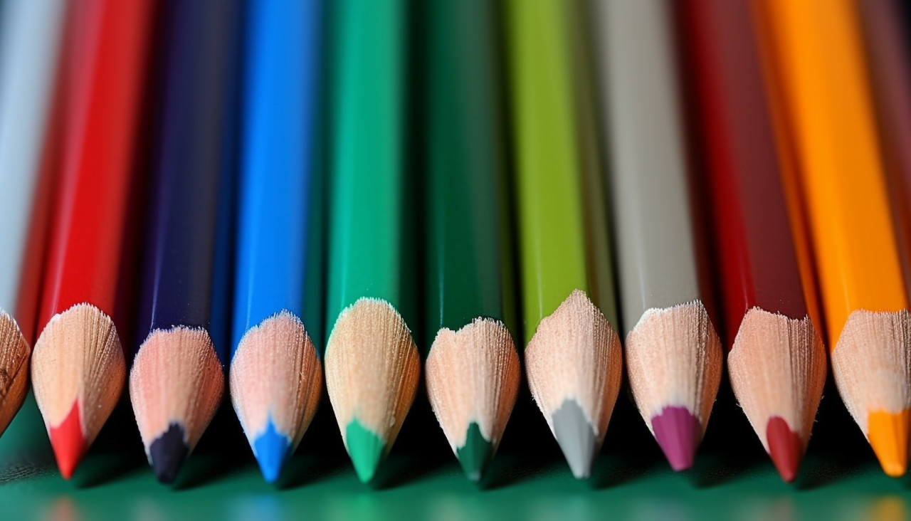 Colored pencil set loosely arranged on white background. colored pencils are not arranged exactly in a row.