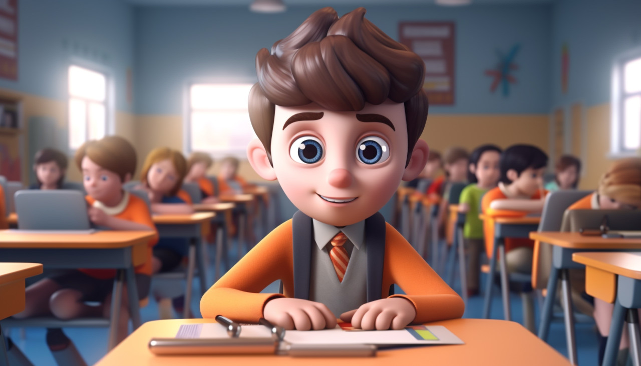 Cartoon boy learning in class, back to school stock images ai, back to school ai prompts