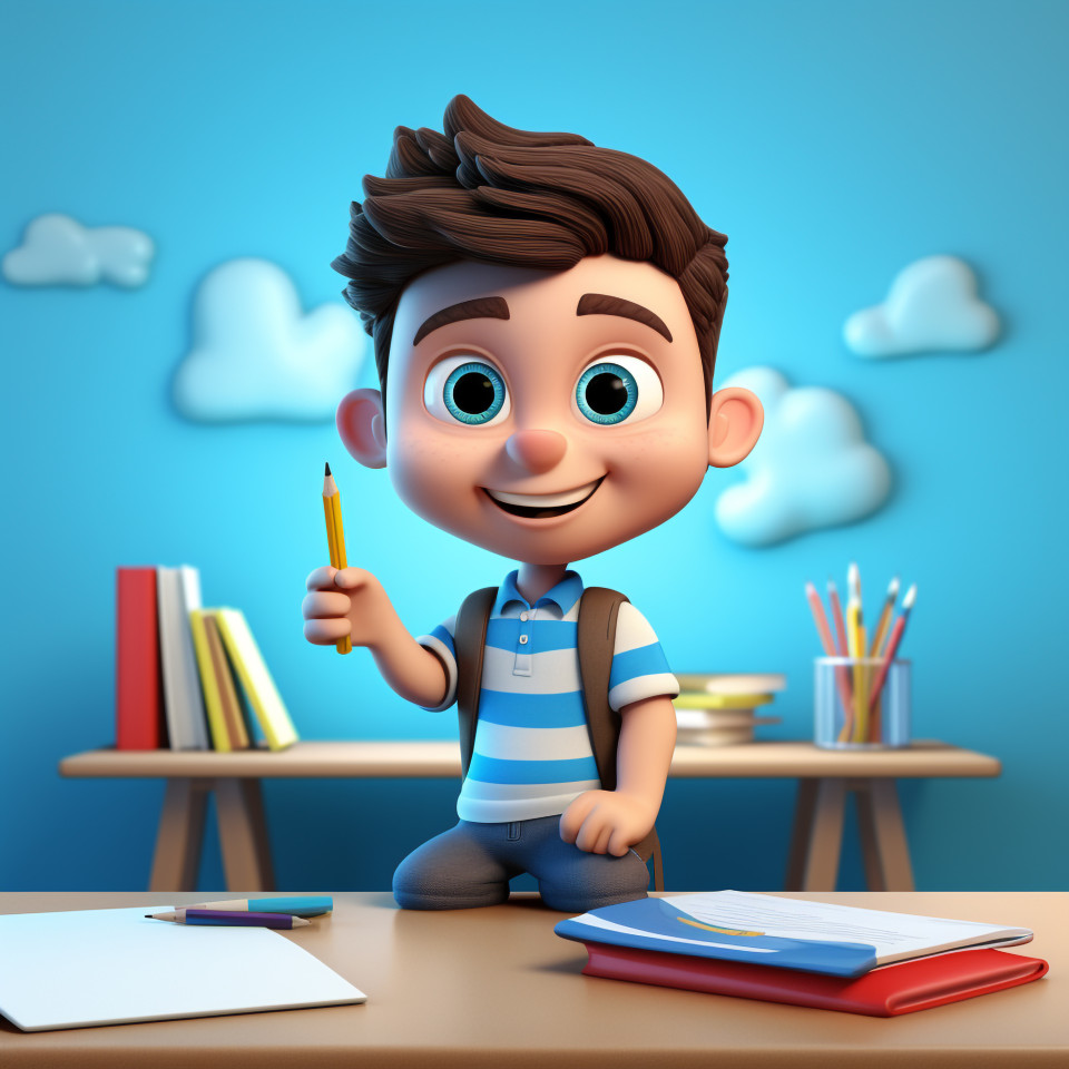 A photo of a 3d cartoon little boy in class, back to school stock images ai, back to school ai prompts