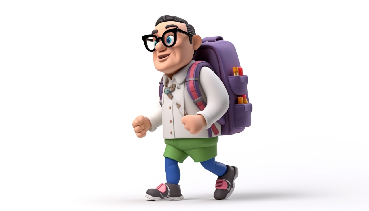 Character in glasses and backpack walking, back to school stock images ai, back to school ai prompts