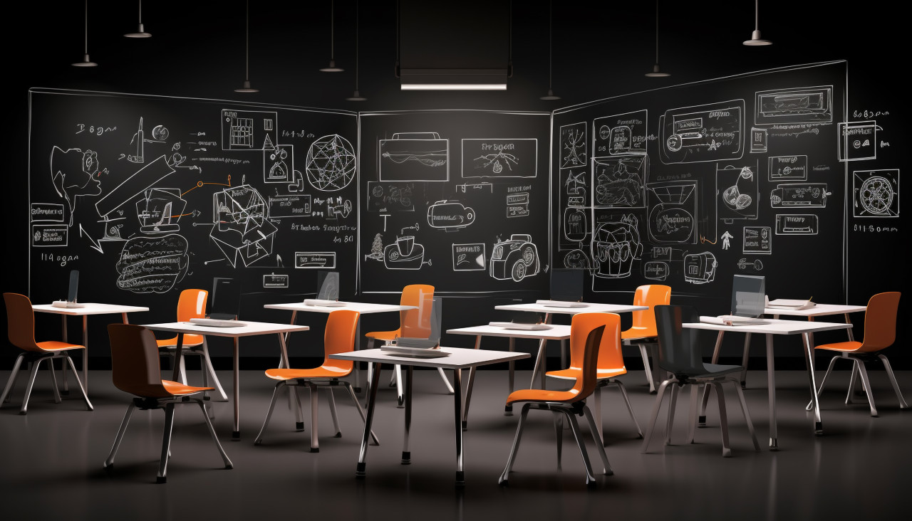 A classroom with a black wall and white tables, back to school stock images ai, back to school ai prompts