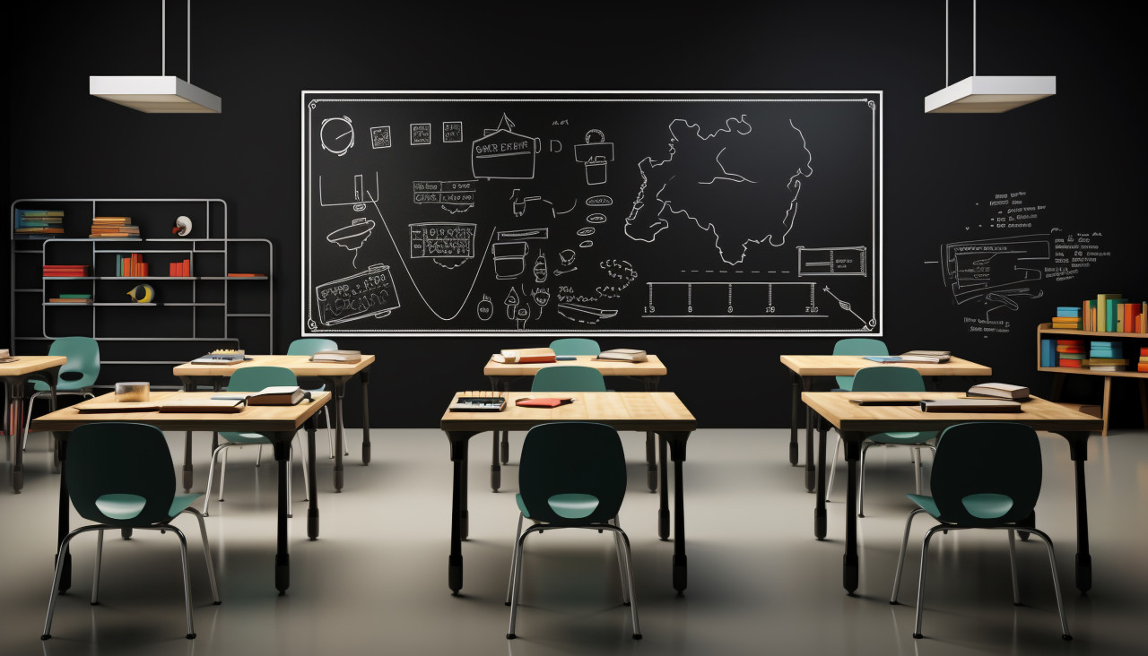 Classroom interior with dark walls and light furniture, back to school stock images ai, back to school ai prompts