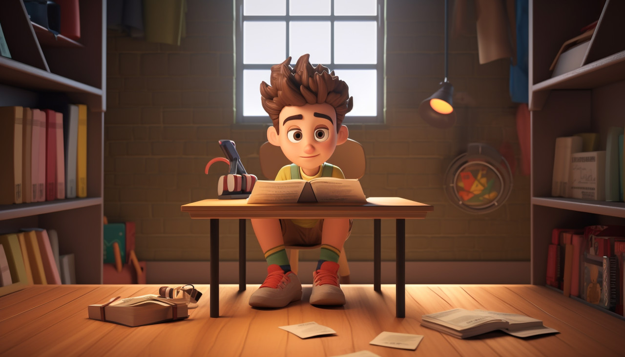 Boy studies at desk in classroom, back to school stock images ai, back to school ai prompts