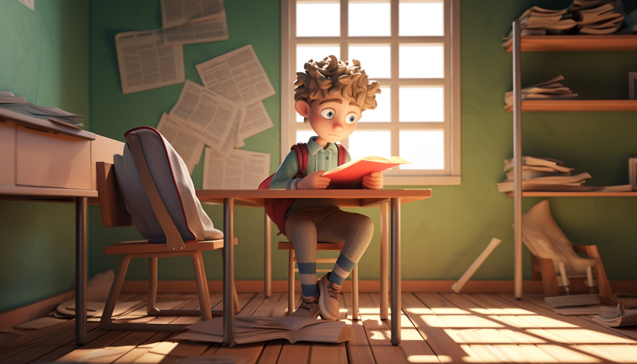 Student concentrates on book in classroom, back to school stock images ai, back to school ai prompts