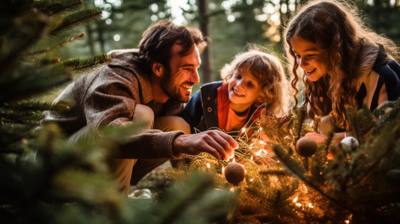 A family decorating a christmas tree in the forest, christmas stock image ai, christmas stock photos ai