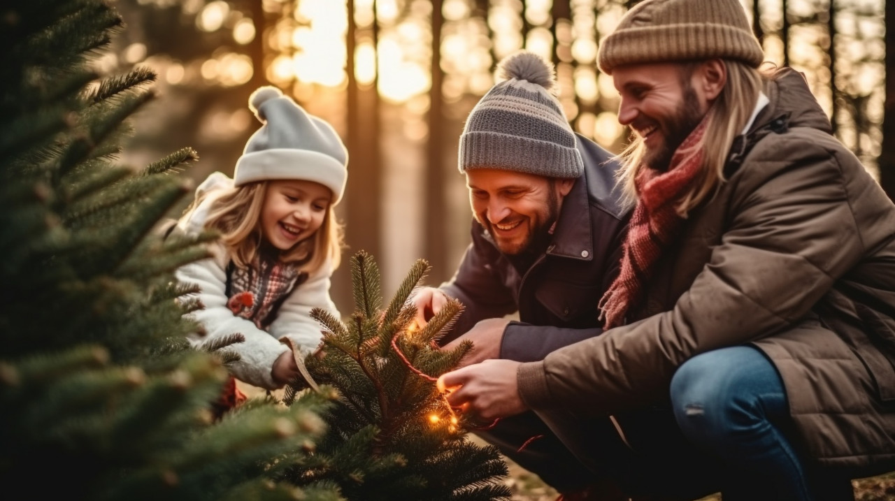 Family enjoys christmas tree decorating in the forest, christmas stock image ai, christmas stock photos ai