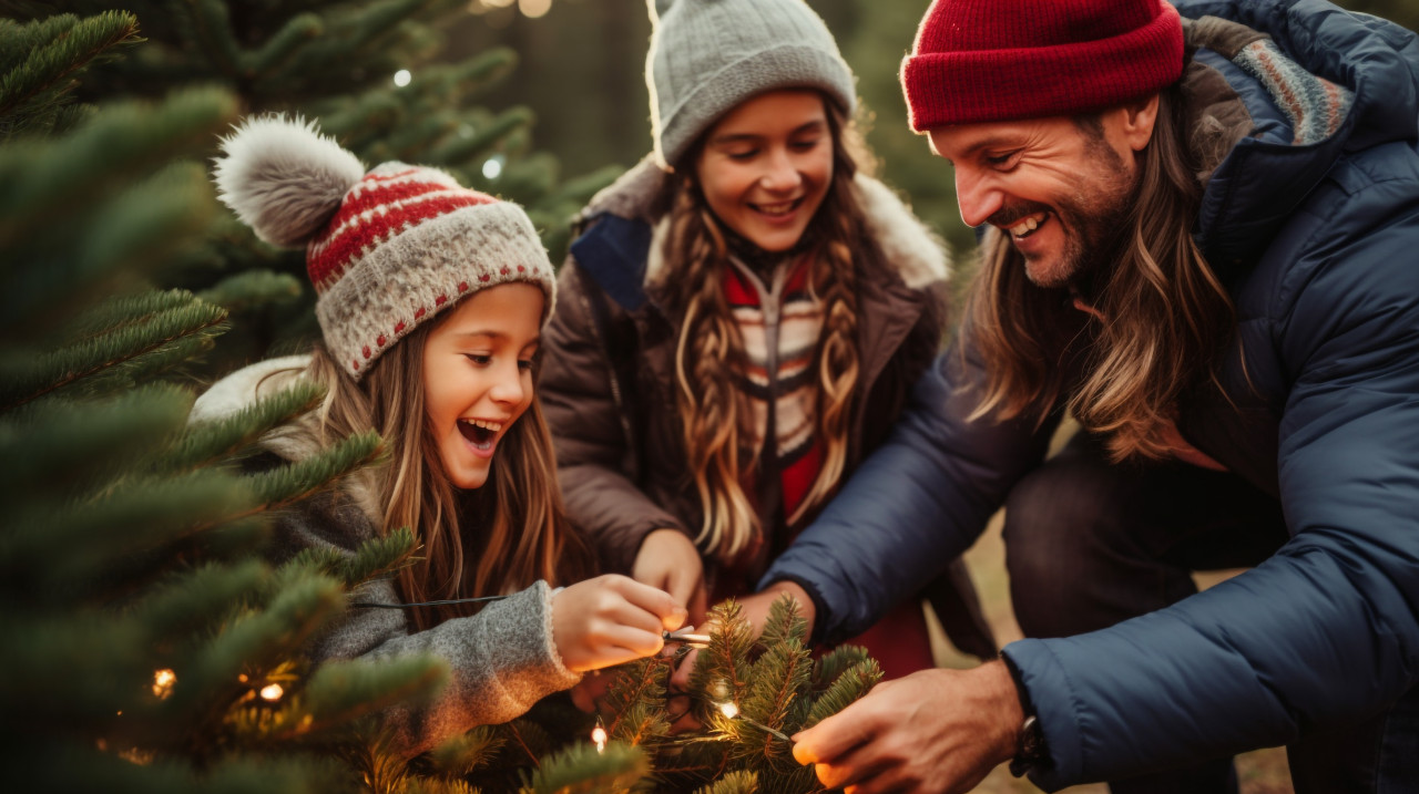 Children help decorate christmas tree in snowy forest, christmas stock image ai, christmas stock photos ai