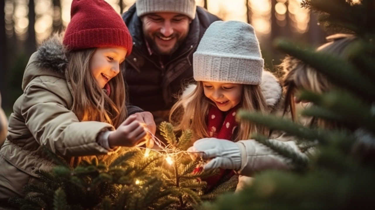 Grandparents and grandchildren decorate christmas tree in forest, christmas stock image ai, christmas stock photos ai