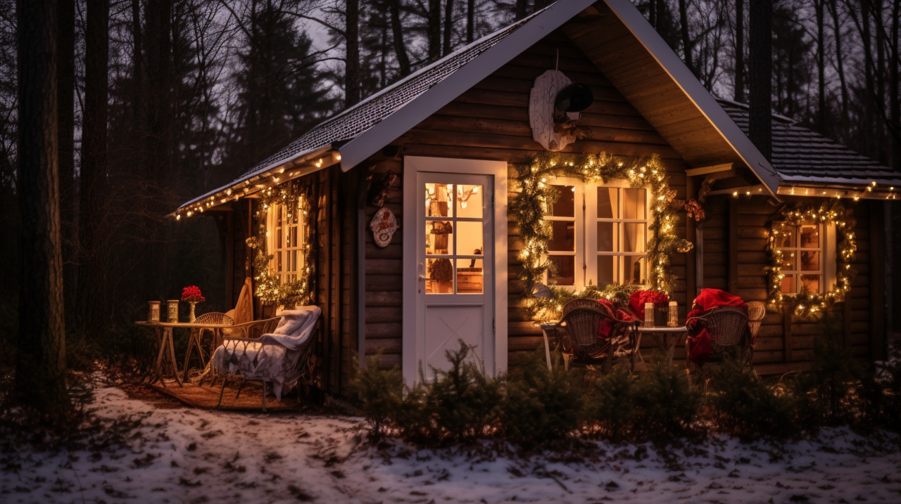 A small cottage in the forest all lit up for christmas, christmas stock image ai, christmas stock photos ai