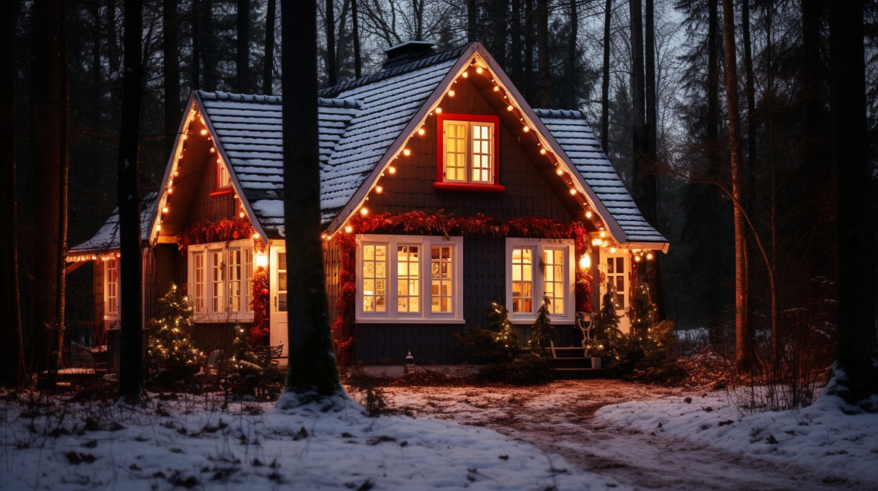 Cottage in the woods glowing with christmas lights, christmas stock image ai, christmas stock photos ai