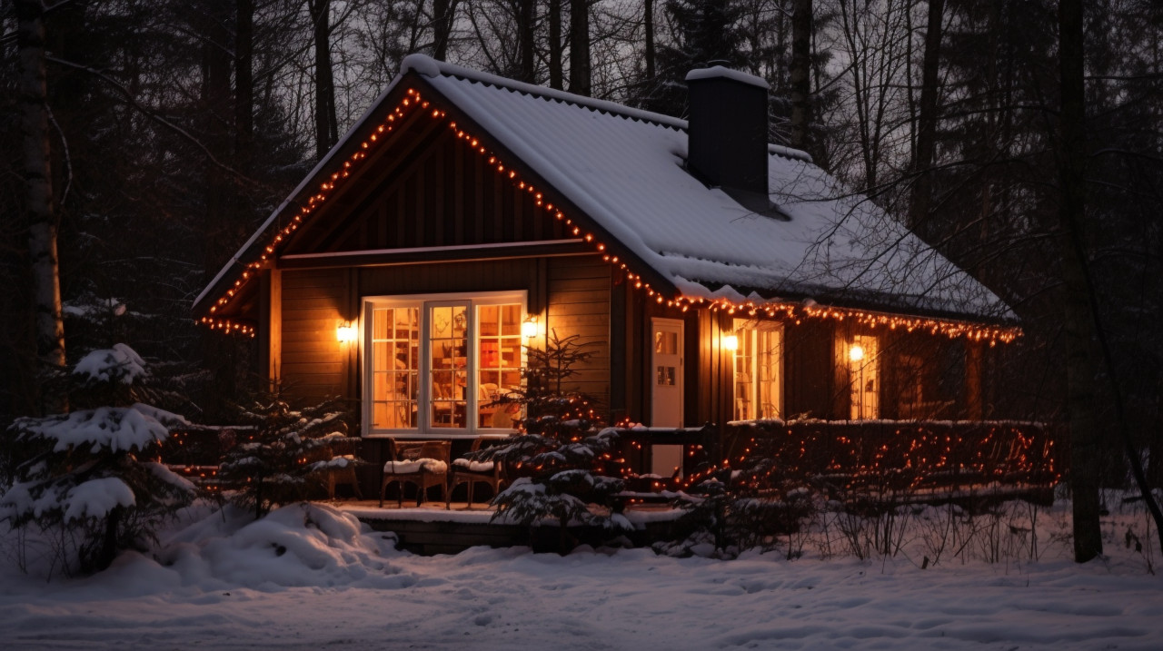 Stunning snowy cottage lit up for christmas, christmas stock image ai, christmas stock photos ai