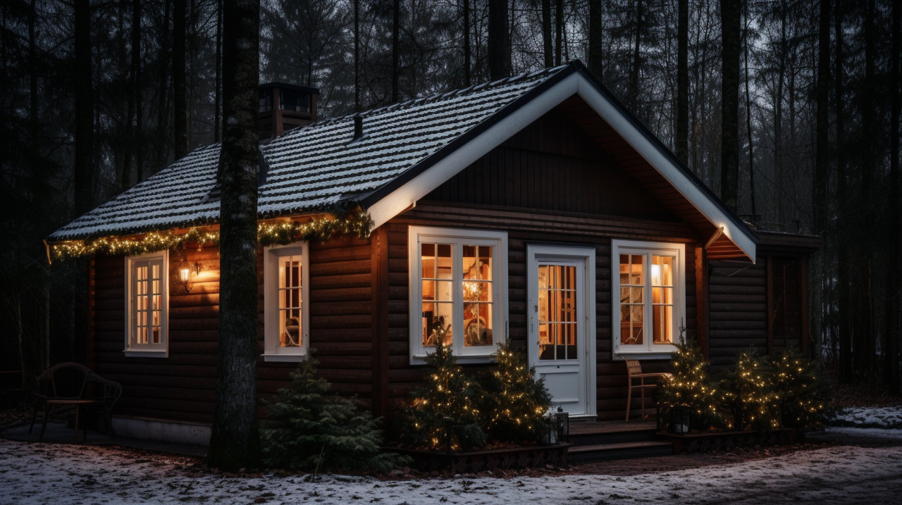 Charming cottage in the snow with christmas trees, christmas stock image ai, christmas stock photos ai