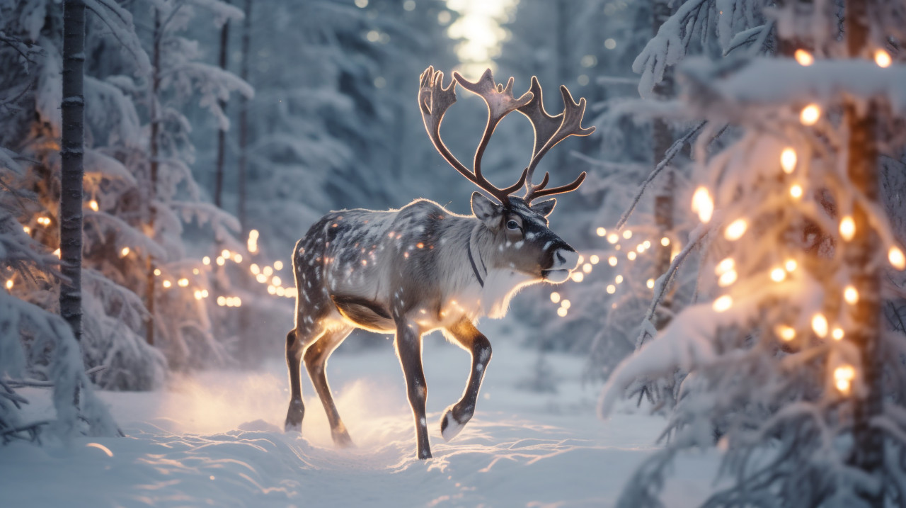 Photo of a reindeer running through the forest, christmas stock image ai, christmas stock photos ai