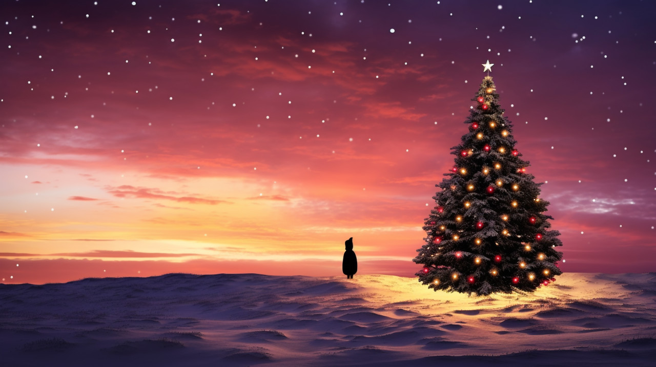 Penguin stands guard over christmas tree on snowy hill, christmas stock image ai, christmas stock photos ai