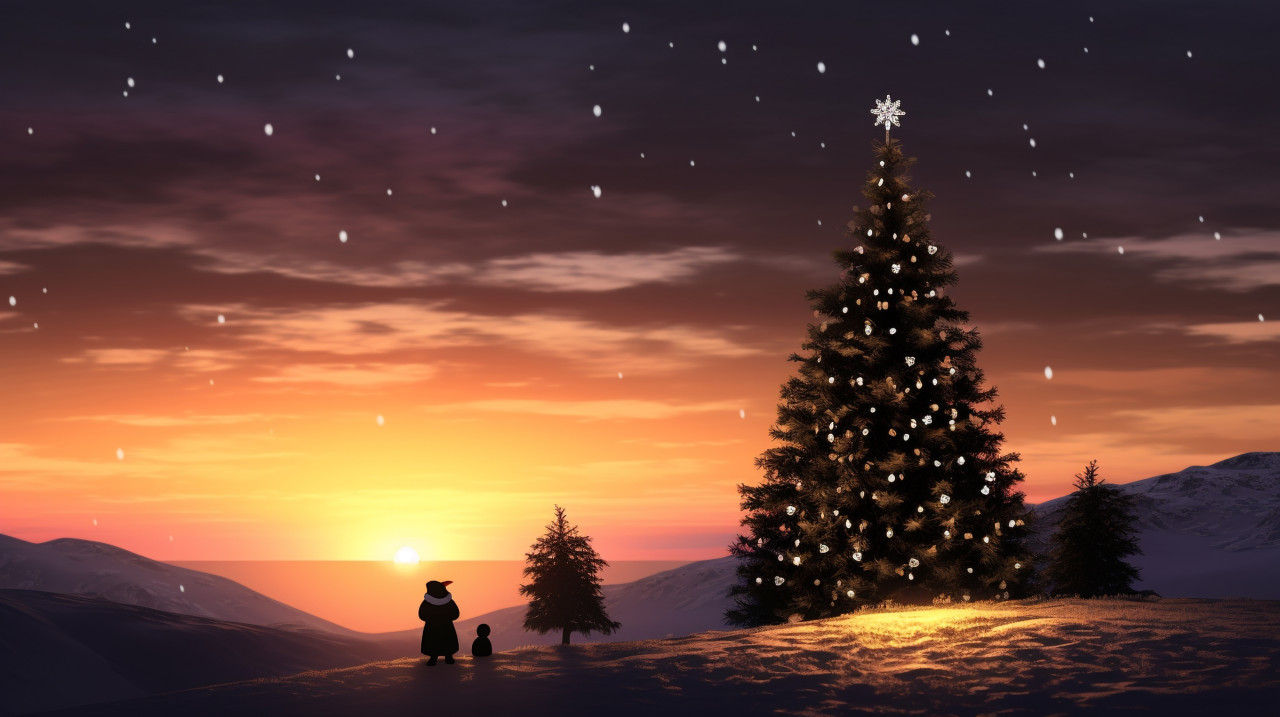 Penguin with christmas tree on snowy hill, christmas stock image ai, christmas stock photos ai