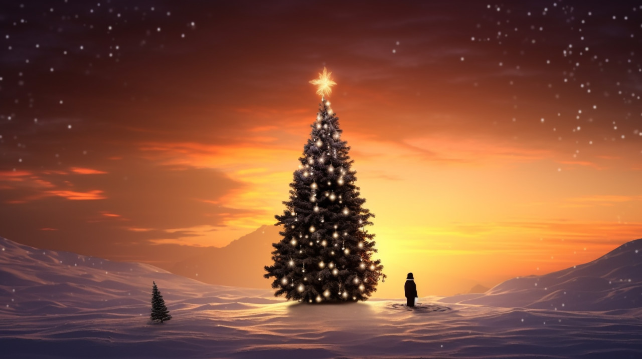 Penguin finds christmas tree in the snow, christmas stock image ai, christmas stock photos ai