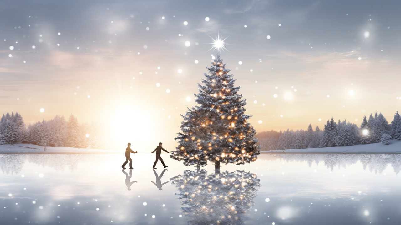 A pair of ice skaters gliding across a frozen lake, christmas stock image ai, christmas stock photos ai