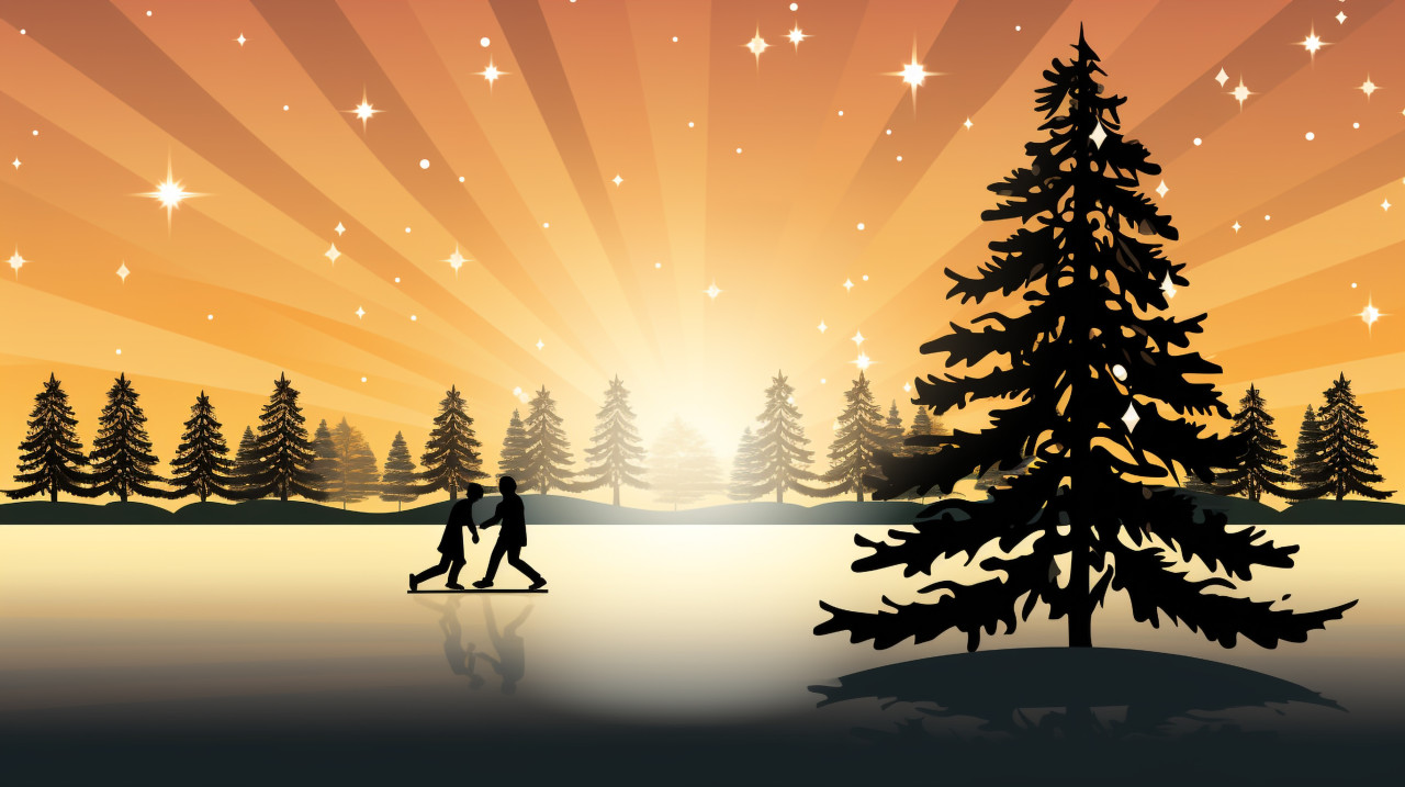 Young ice skaters glide across frozen lake in beautiful winter landscape, christmas stock image ai, christmas stock photos ai