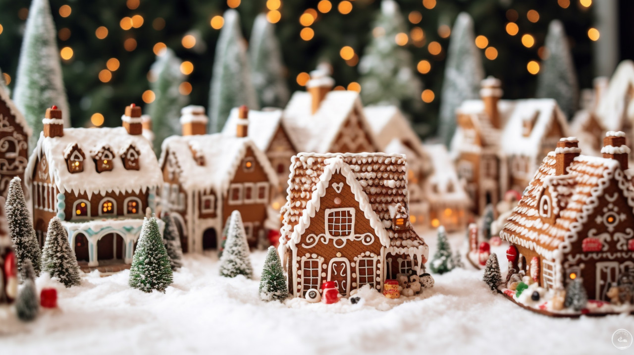 A photo of a gingerbread village nestled, christmas stock image ai, christmas stock photos ai
