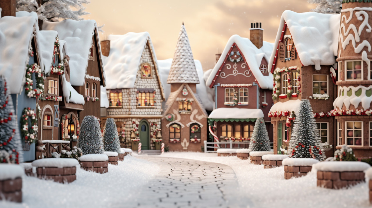 Gingerbread village in winter wonderland, christmas stock image ai, christmas stock photos ai