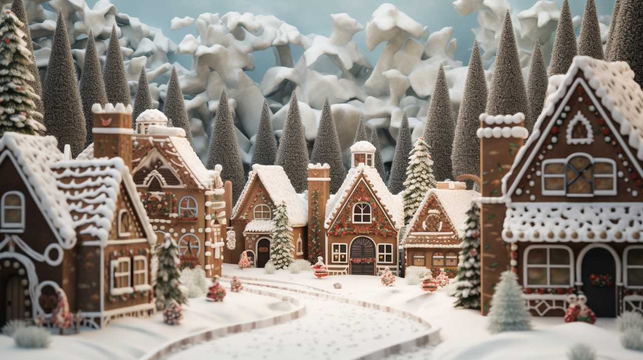 Winter wonderland gingerbread village, christmas stock image ai, christmas stock photos ai
