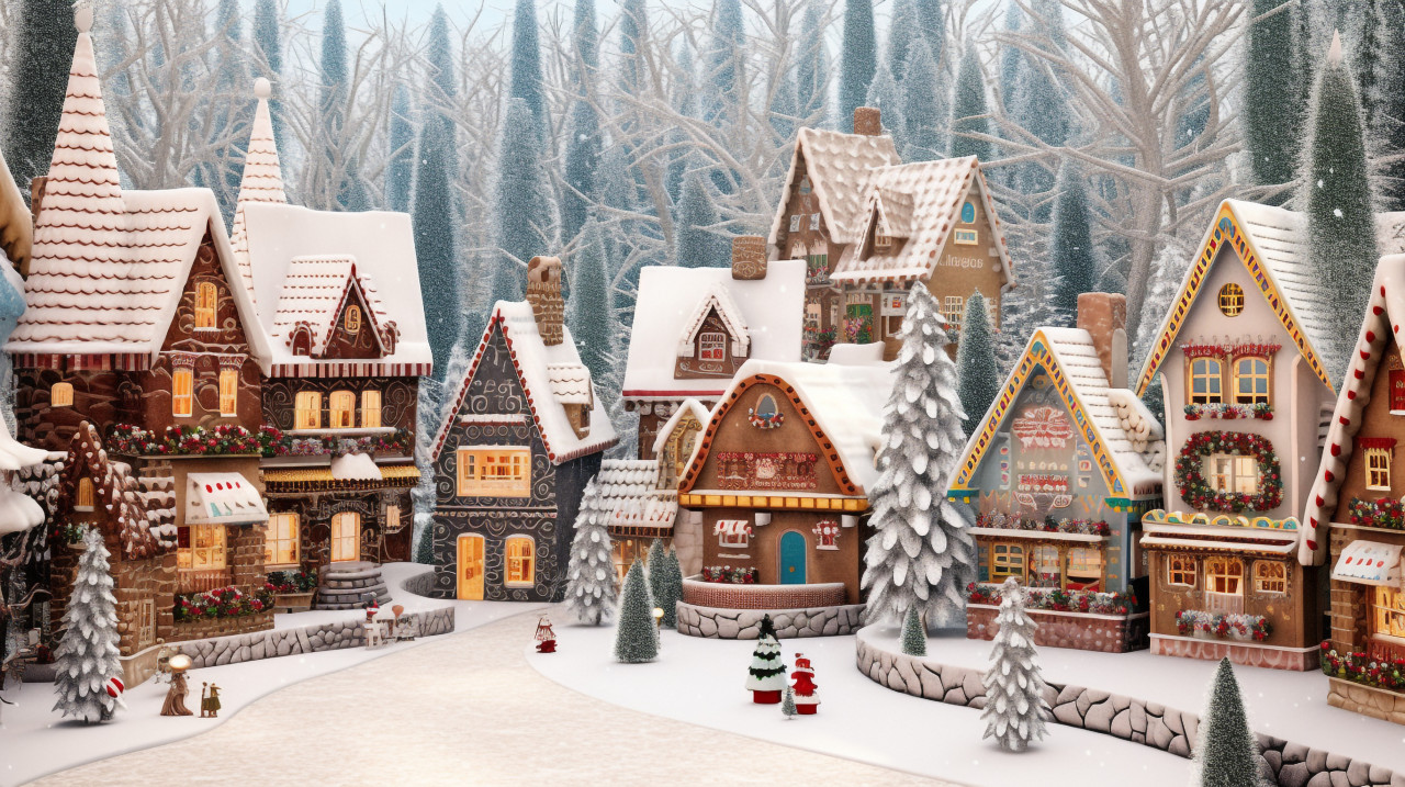 Gingerbread village in a snowstorm, christmas stock image ai, christmas stock photos ai
