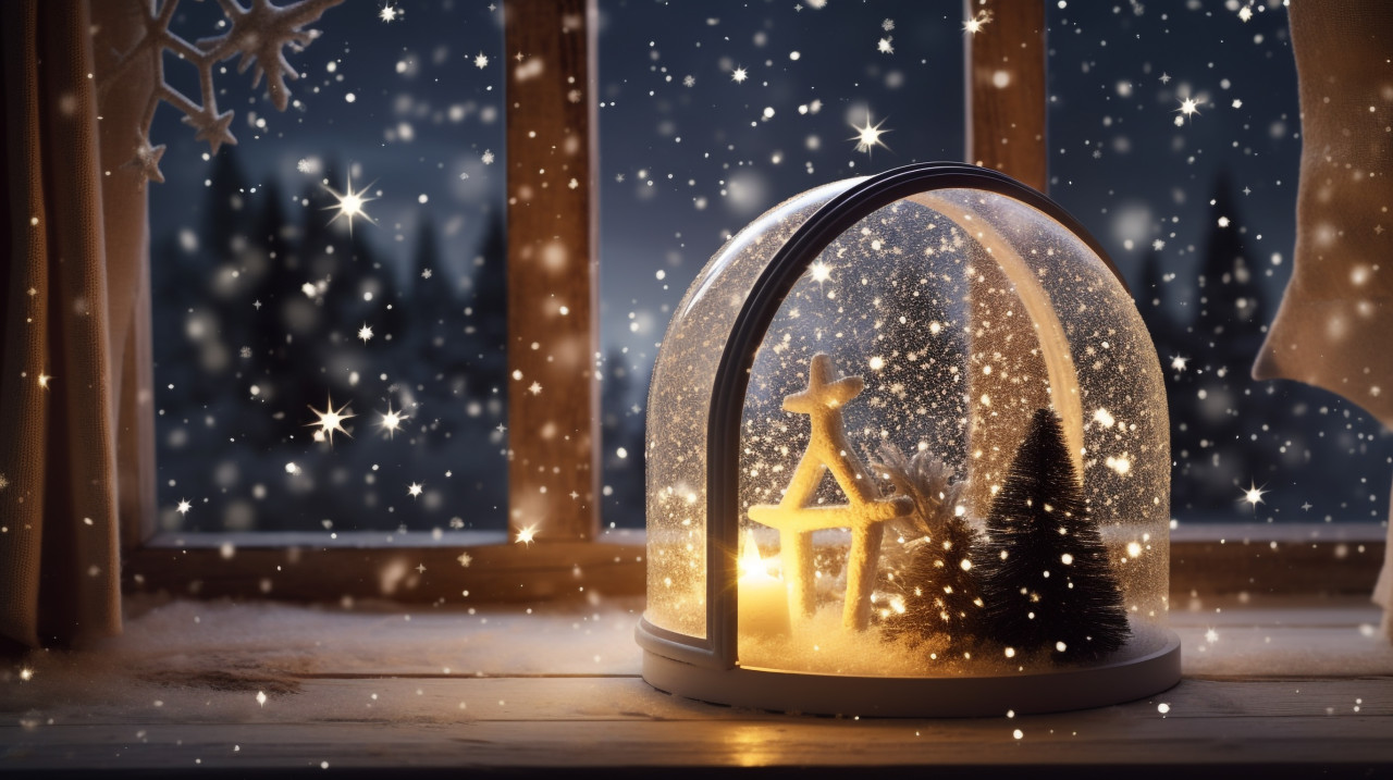 Starry snow globe on windowsill, christmas stock image ai, christmas stock photos ai