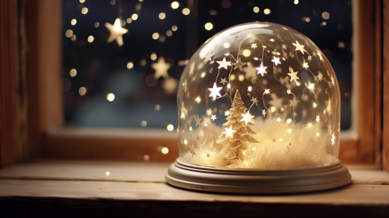 Magical snow globe on a windowsill, christmas stock image ai, christmas stock photos ai