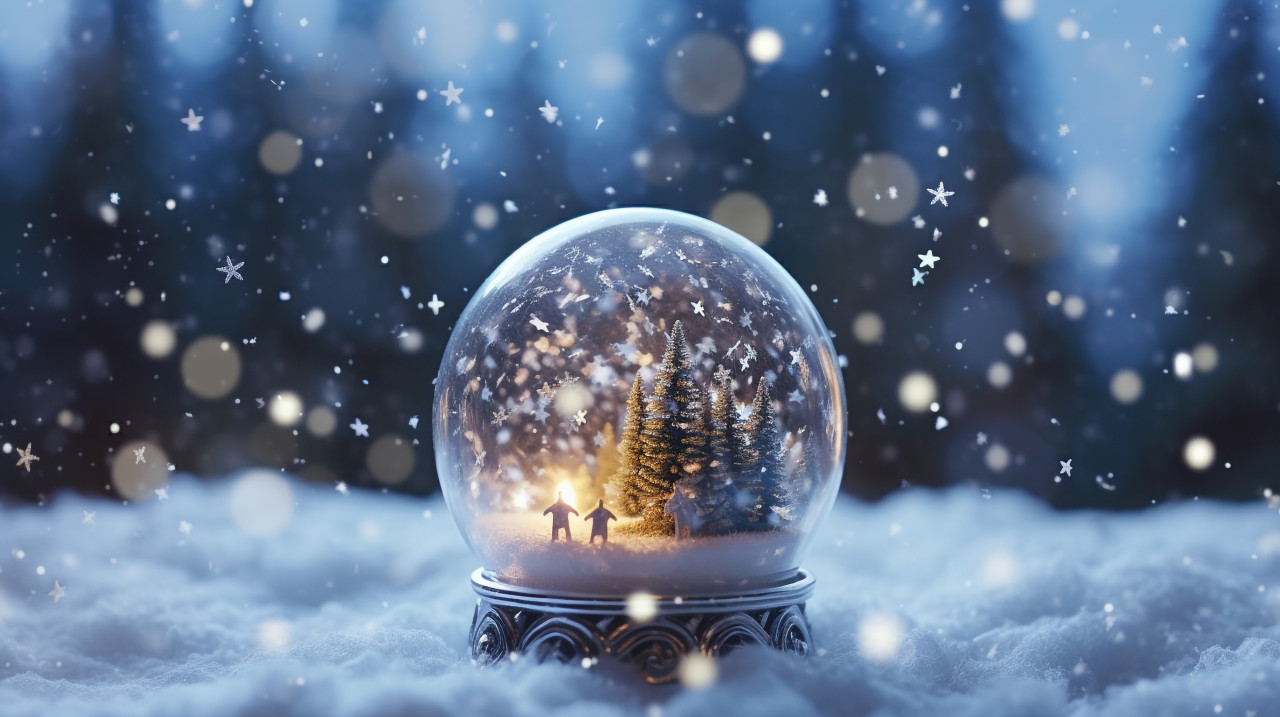 A close-up shot of a starry snow globe, christmas stock image ai, christmas stock photos ai