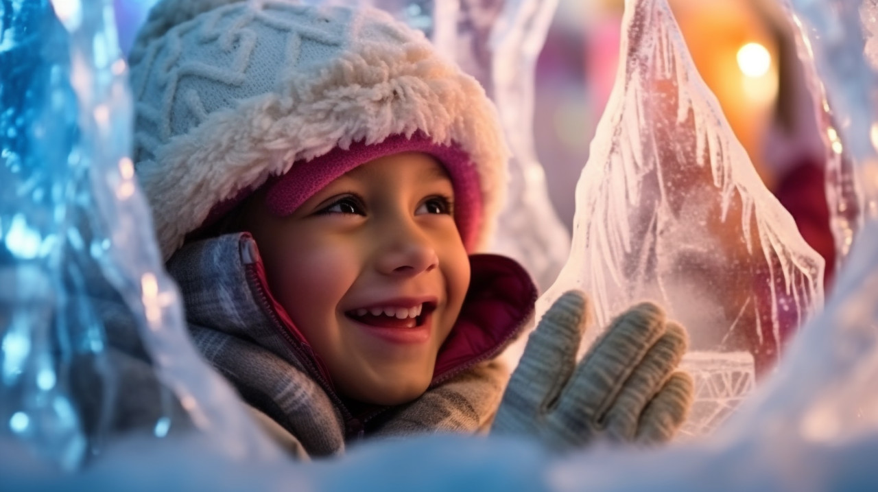 A close-up portrait of a child who is playing in a mystical ice castle christmas, christmas stock image ai, christmas stock photos ai