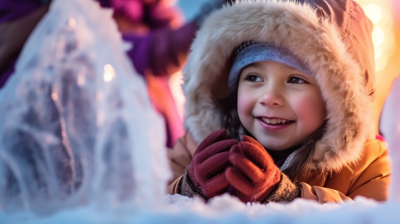 Child playing in mysterious ice castle, christmas stock image ai, christmas stock photos ai