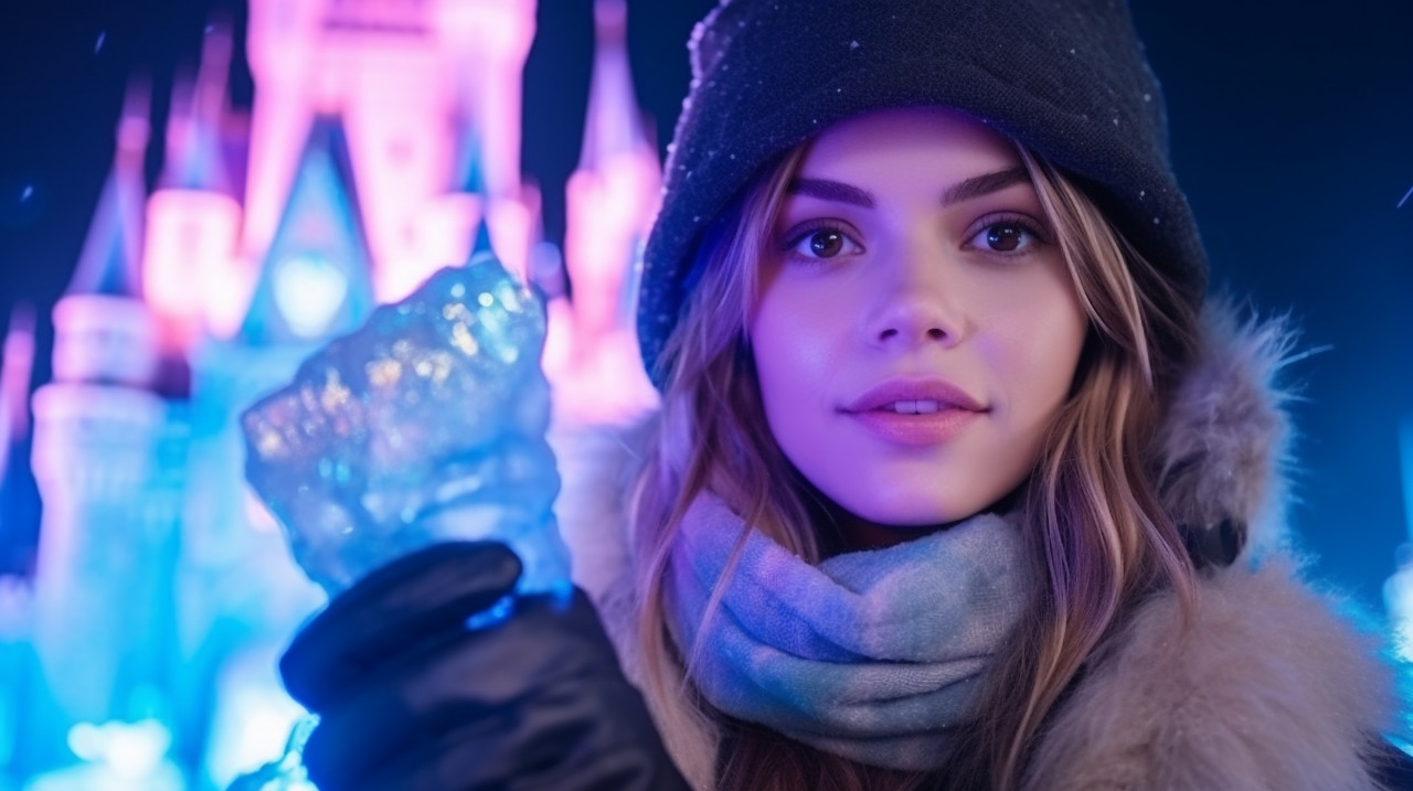 Woman holding lantern in front of mystical ice castle, christmas stock image ai, christmas stock photos ai