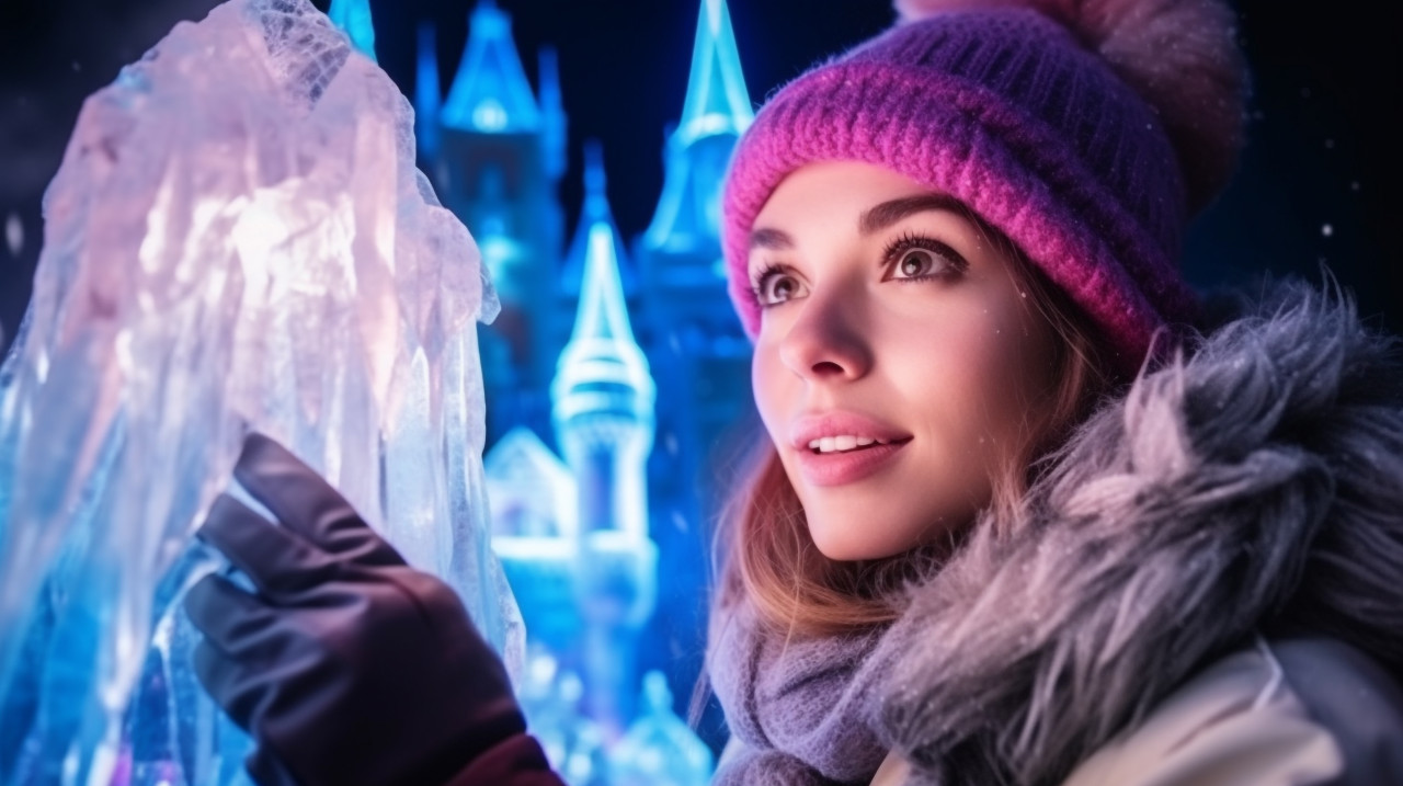 Lantern light reflects off ice castle in mysterious portrait, christmas stock image ai, christmas stock photos ai