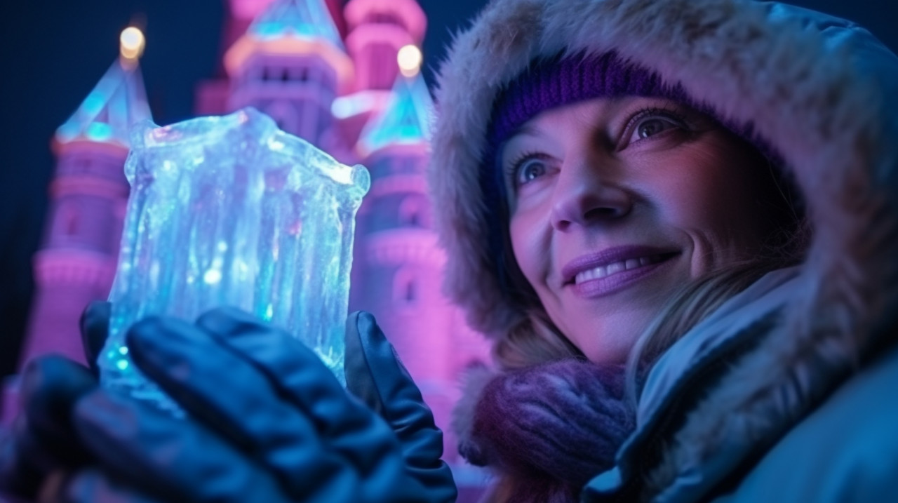 Mystical ice castle glows in the night, christmas stock image ai, christmas stock photos ai