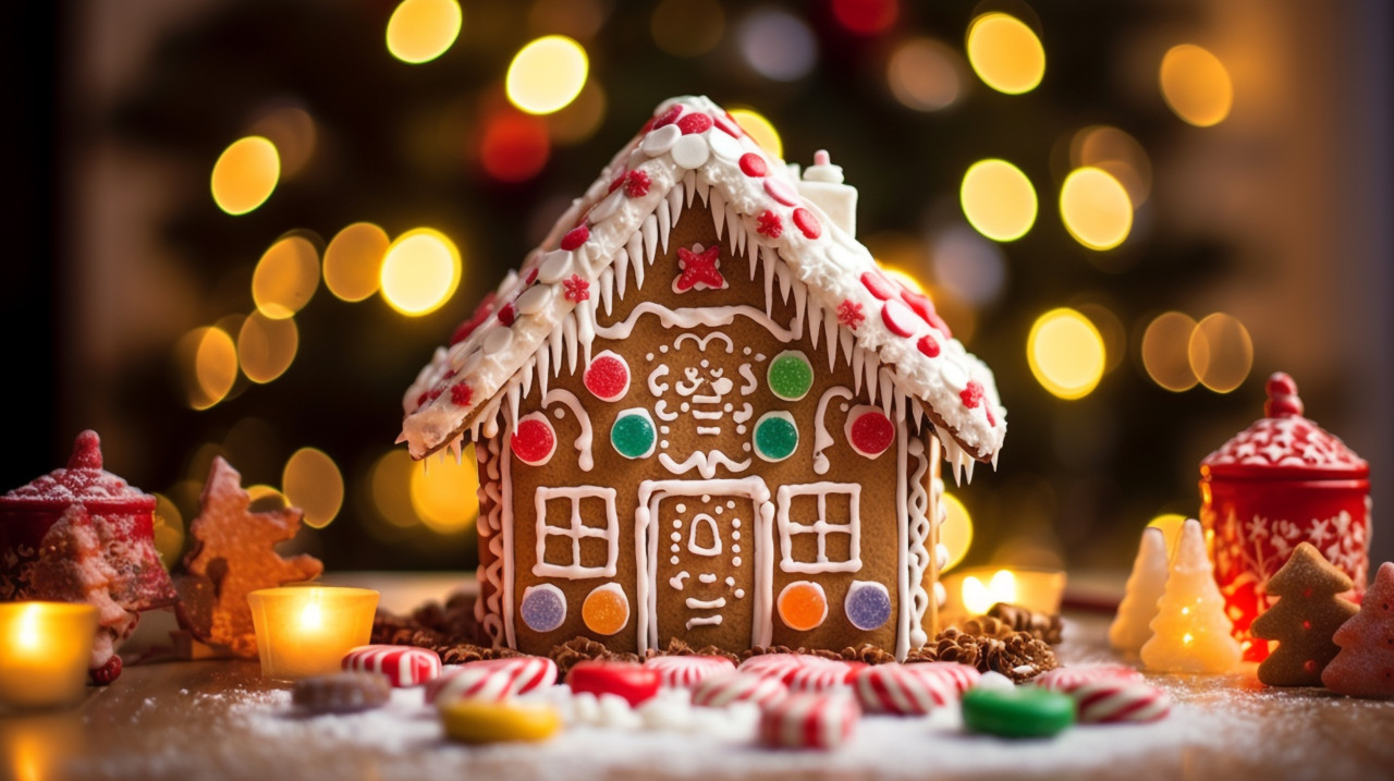 Close-up of a gingerbread house with intricate details, christmas stock image ai, christmas stock photos ai