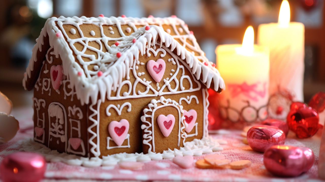 Gingerbread house with edible candy decorations, christmas stock image ai, christmas stock photos ai