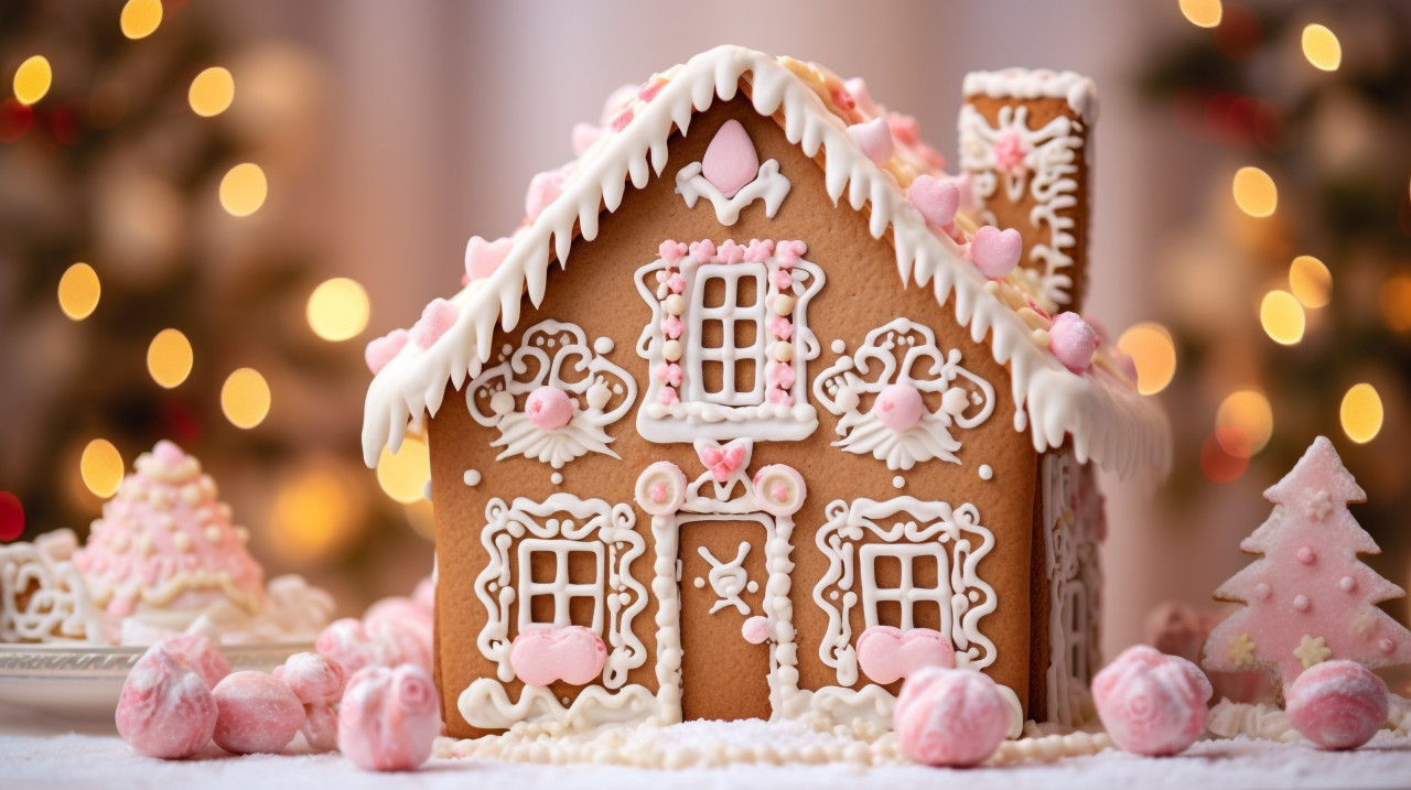 Gingerbread house with a festive red and green color scheme, christmas stock image ai, christmas stock photos ai