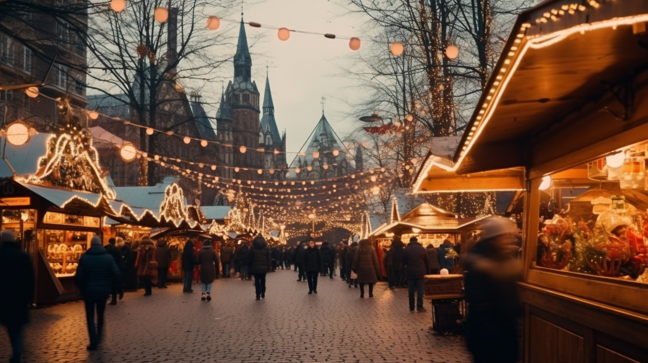 A wide shot of a christmas market, christmas stock image ai, christmas stock photos ai