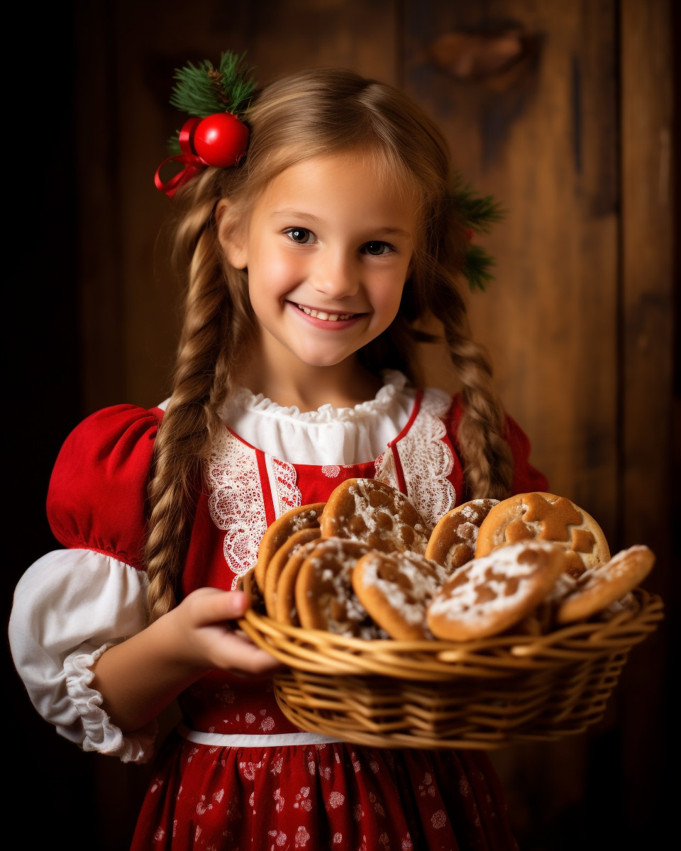 A close-up portrait of a young girl wearing a traditional christmas dress, christmas stock image ai, christmas stock photos ai