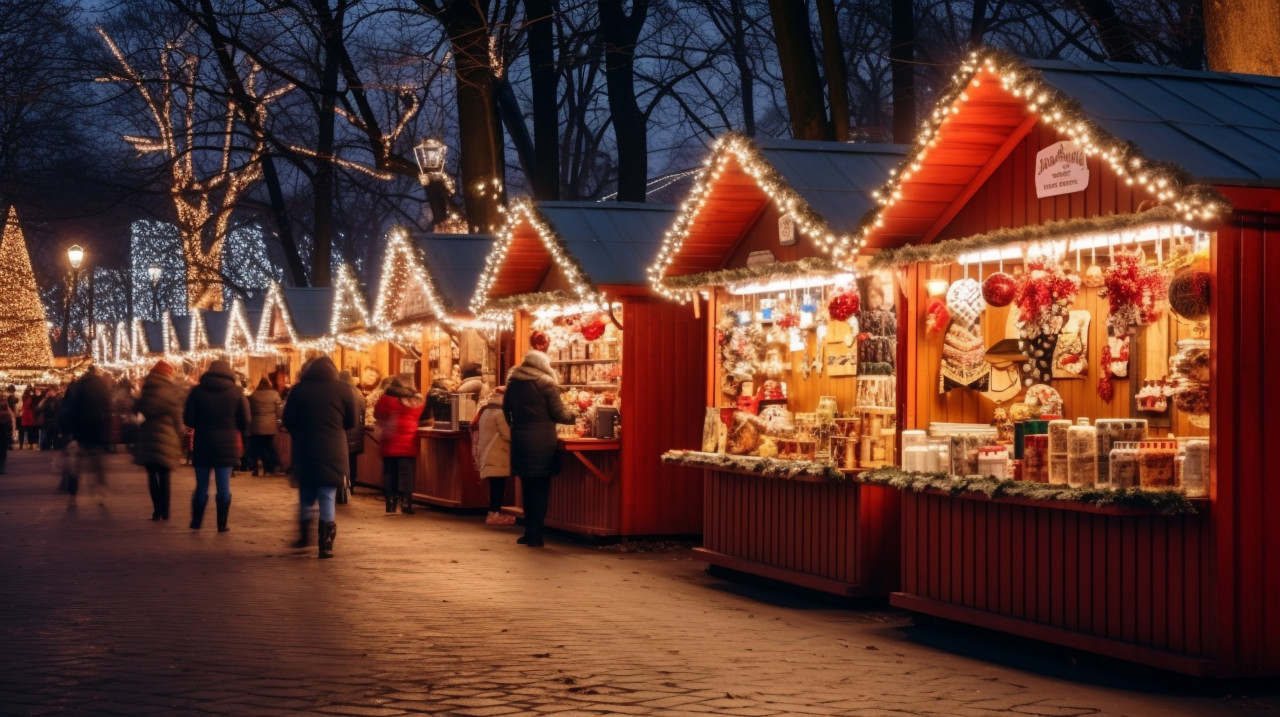A wide shot of a christmas market at night, christmas stock image ai, christmas stock photos ai