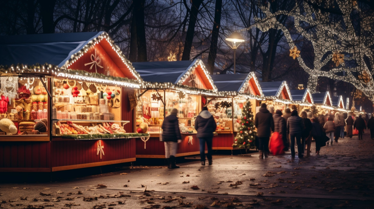 Crowds enjoy christmas market at night, christmas stock image ai, christmas stock photos ai