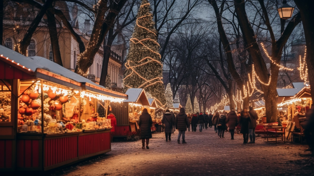 Vendors sell their goods at christmas market, christmas stock image ai, christmas stock photos ai