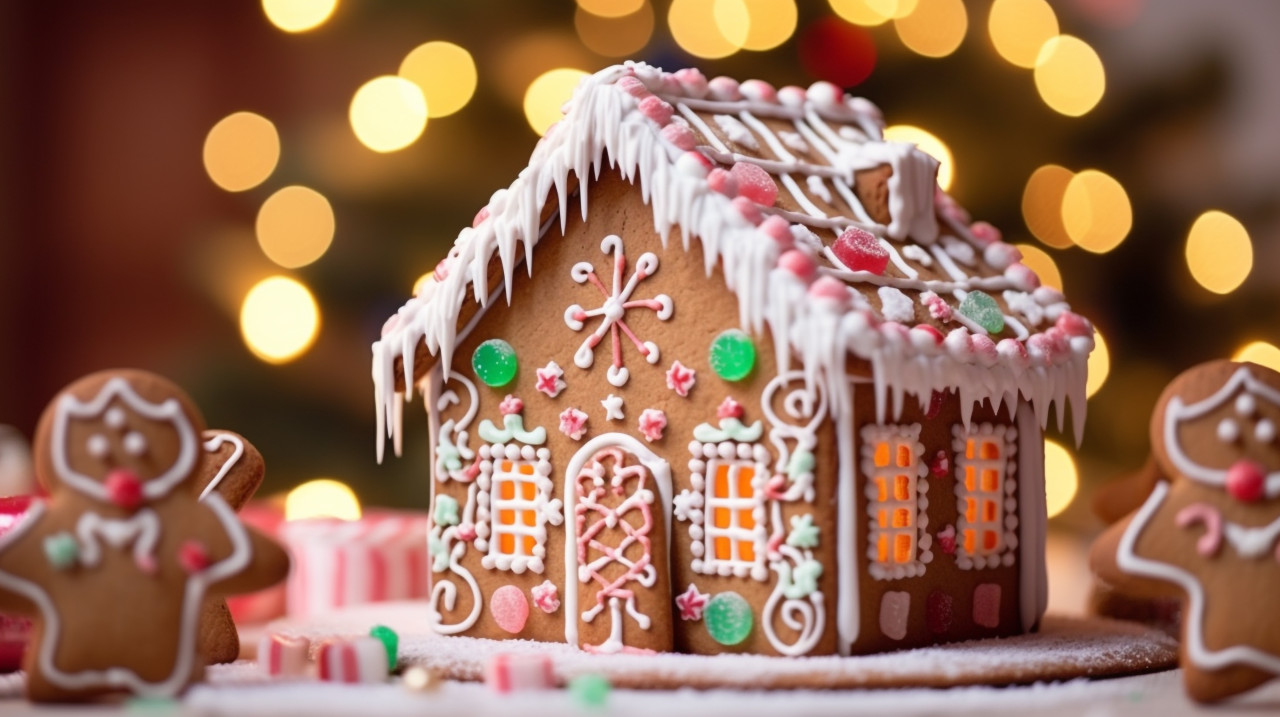 Detailed gingerbread house with colorful icing, christmas stock image ai, christmas stock photos ai