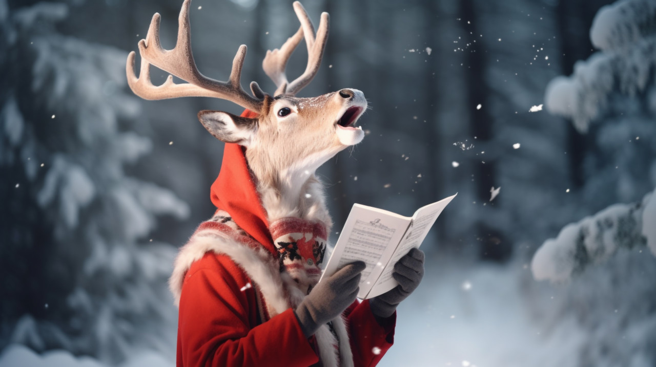 A close up of a deer singing christmas carols, christmas stock image ai, christmas stock photos ai