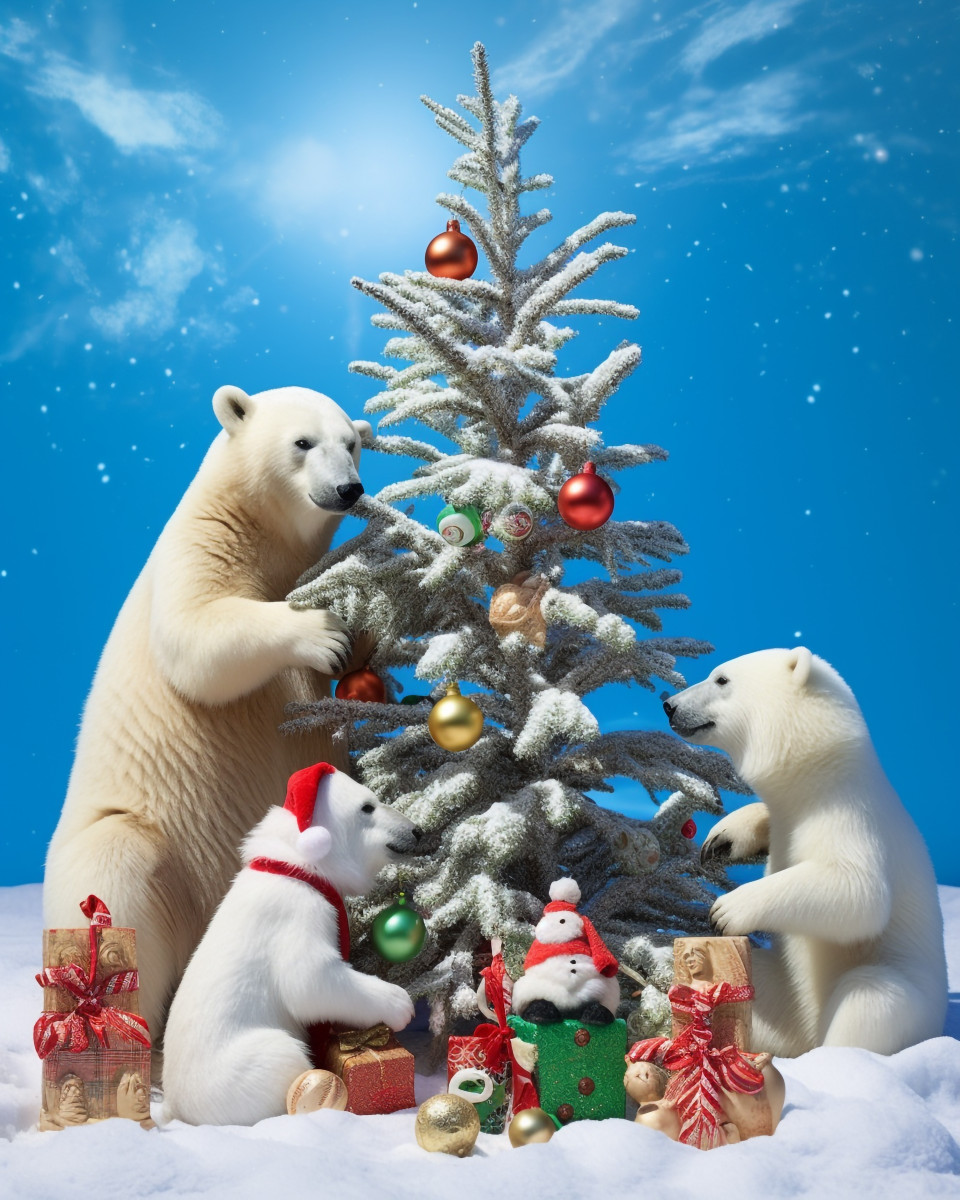 A polar bear family gathered around a christmas tree, christmas stock image ai, christmas stock photos ai