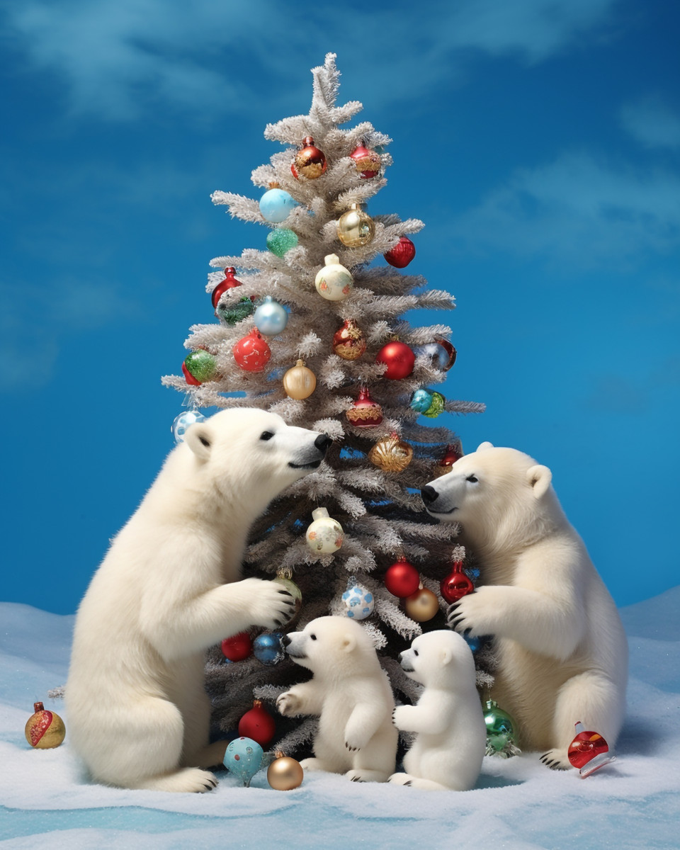 Polar bear family celebrates christmas, christmas stock image ai, christmas stock photos ai